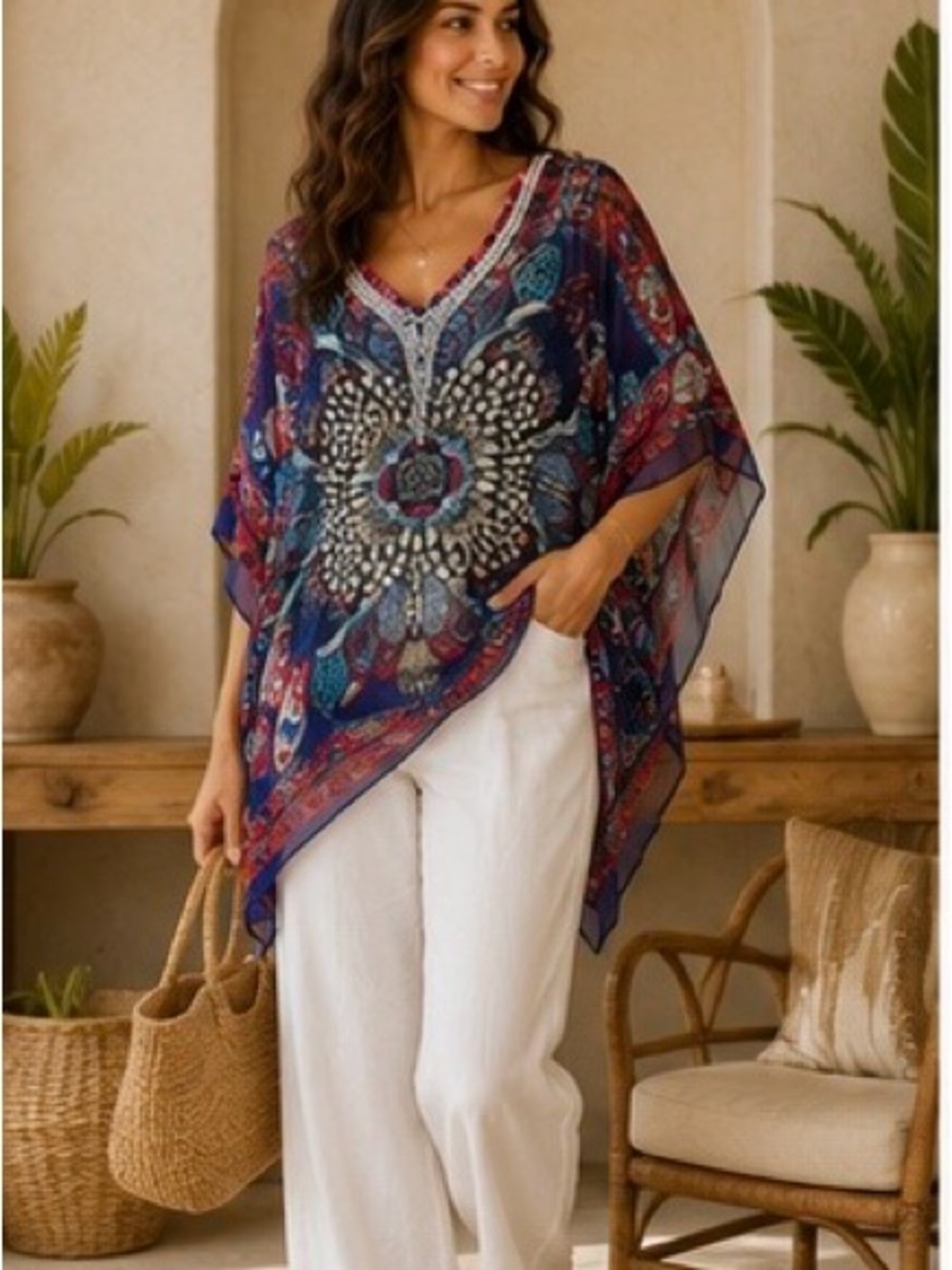 Chico’s Beaded Caftan Tunic Top One Size Blue Burgundy Medallion Print Resort